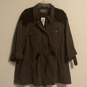 Torrid Olive Utility Jacket with Black Lace Accent/Twill Anorak